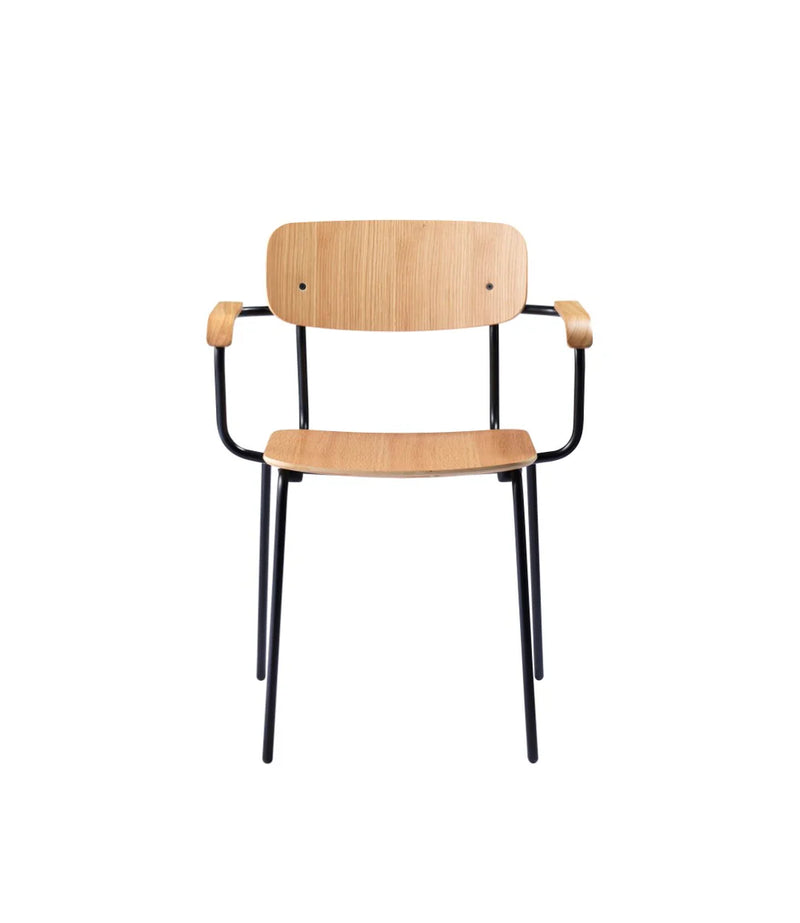 FDB Møbler J183 - Holmen - Stackable chair w/armrests Steel Black Powder coated Oak veneer Nature by Jakob Thau