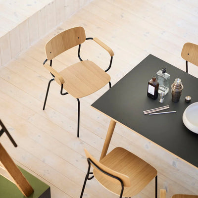 FDB Møbler J183 - Holmen - Stackable chair w/armrests Steel Black Powder coated Oak veneer Nature by Jakob Thau