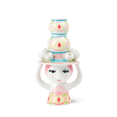 Bjørn Wiinblad Lady with Hat Candle Holder - H6.3" pink/yellow