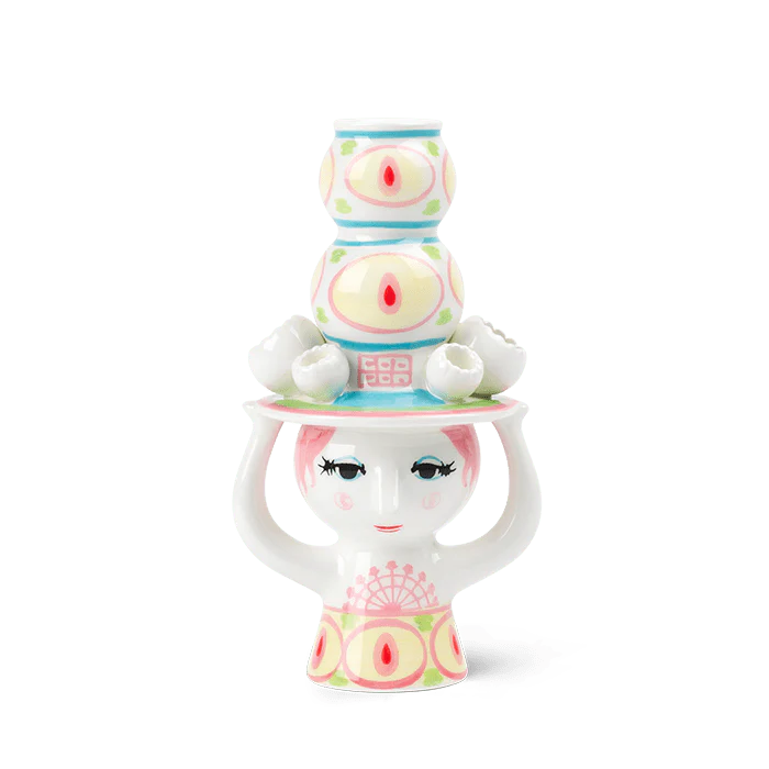 Bjørn Wiinblad Lady with Hat Candle Holder - H6.3" pink/yellow