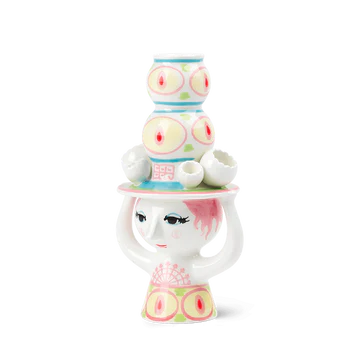 Bjørn Wiinblad Lady with Hat Candle Holder - H6.3" pink/yellow