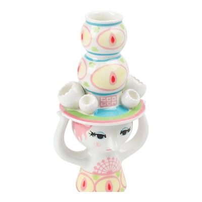 Bjørn Wiinblad Lady with Hat Candle Holder - H6.3" pink/yellow