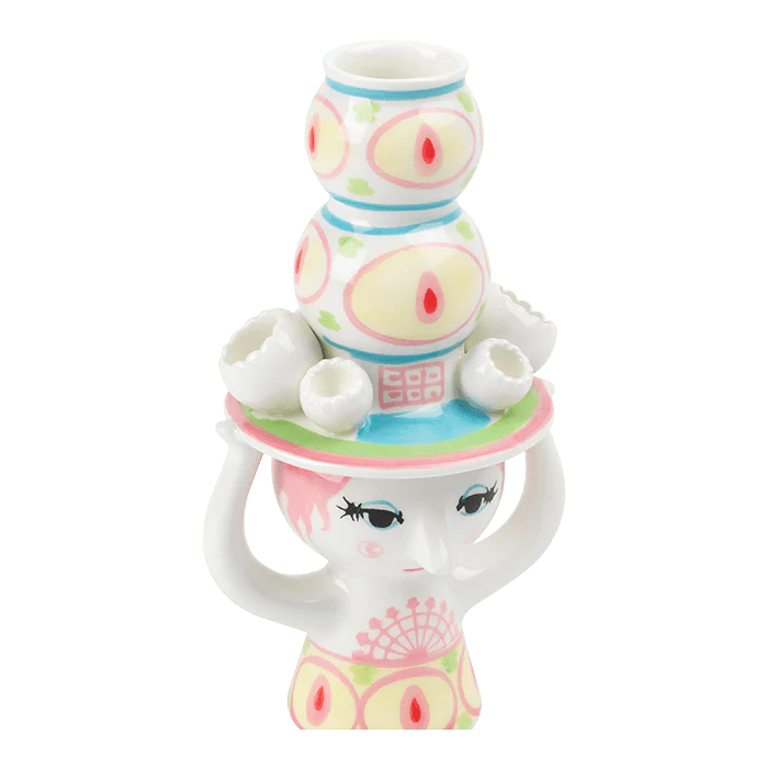 Bjørn Wiinblad Lady with Hat Candle Holder - H6.3" pink/yellow