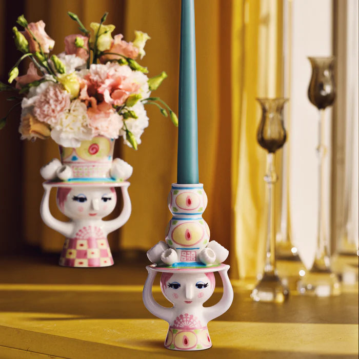 Bjørn Wiinblad Lady with Hat Candle Holder - H6.3" pink/yellow